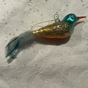 Vintage Colorful Glass Bird Christmas Real Feathers, Glitter Accents, Long Beak